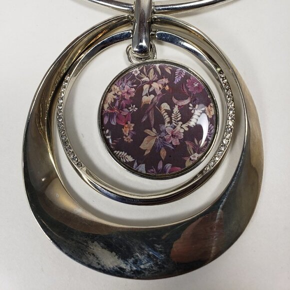 Multi Hoops Flower Pendant Statement Necklace - Polished Silver tone - Picture 8 of 10